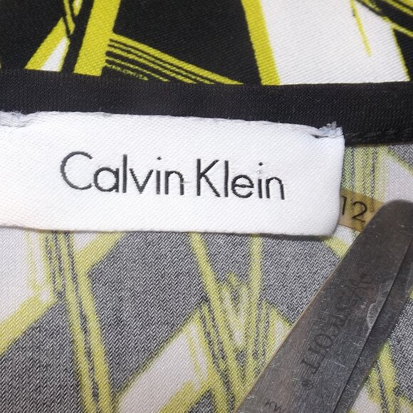 CALVIN KLEIN Dress, 12, Geometric, Half sleeve, Sash/Belt, Chartreuse/Black - Picture 10 of 11